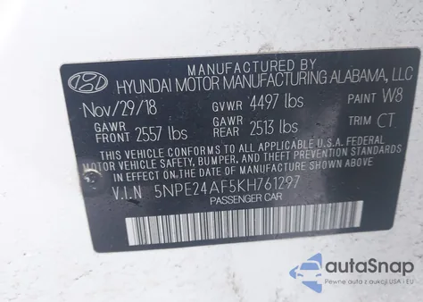 2019 Hyundai Sonata Se z USA, uszkodzony, nr VIN 5NPE24AF5KH761297